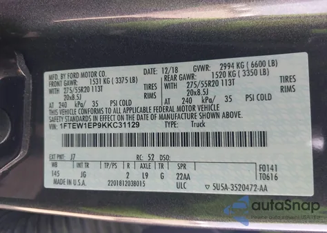 2019 Ford F-150 Xl из США, поврежденный, VIN 1FTEW1EP9KKC31129